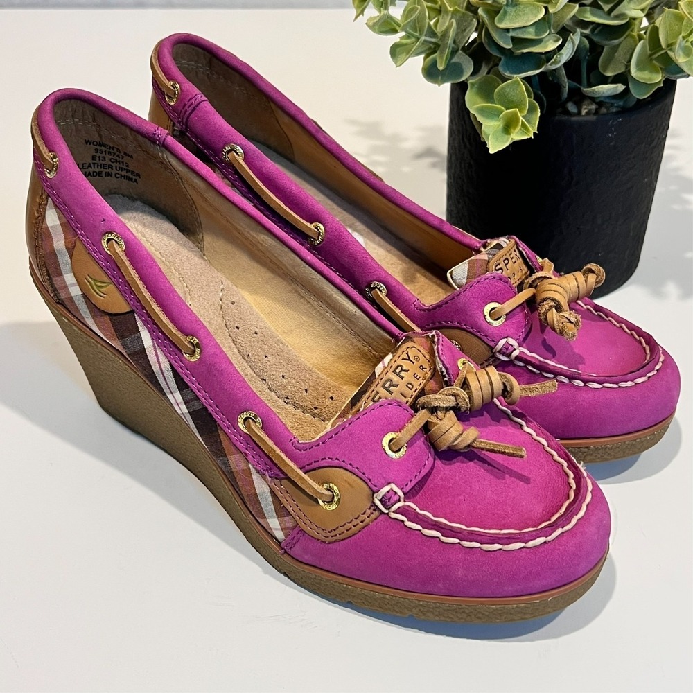 Sperry Pink Wedge Boat Shoes with Plaid Accent